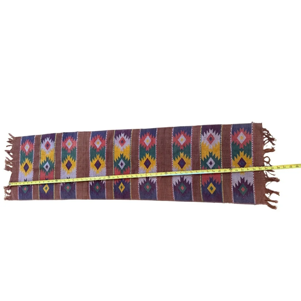 Vintage Southwestern Kilim Table Runner Handwoven Geometric Fringed Textile 57in
